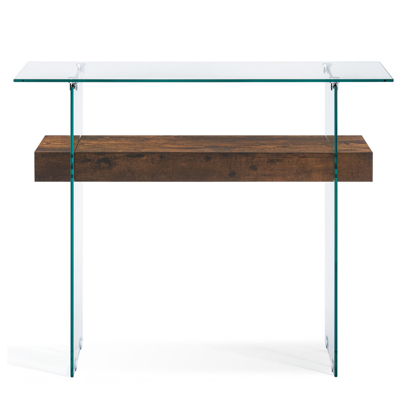 Tempered Glass Console Table with Shelf, Walnut, 31.5"H x 39.4"W x 13.8"D