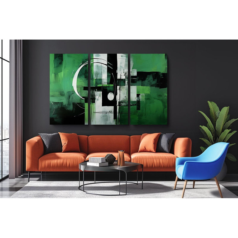 «Triptych», art mural sur toile - Triptyque géométrique vert et noir - ensemble de toiles abstraites modernes pour décoration audacieuse et cadeaux uniques, reproduction de peinture