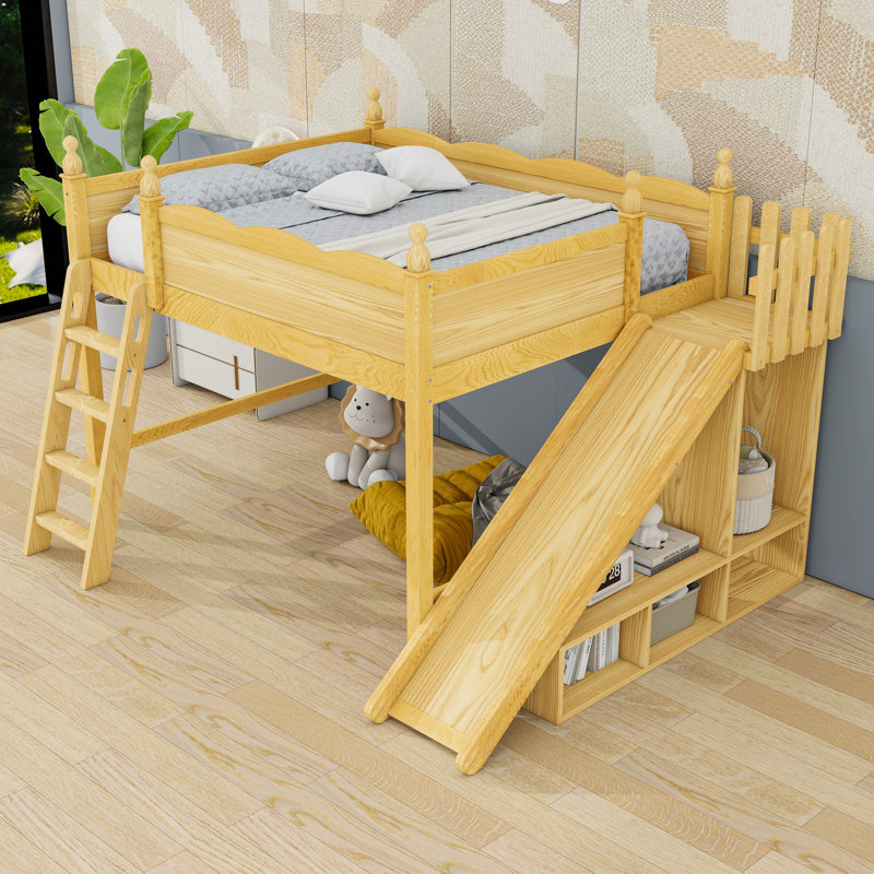 Lit mezzanine avec tablettes de rangement et armoire, Grand, Naturel