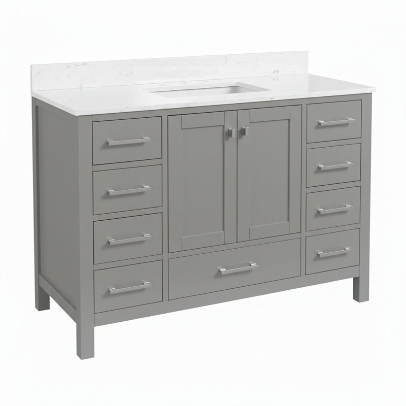 Ensemble de meuble-lavabo simple 48 po en bois massif avec comptoir en marbre de culture blanc et lavabo, Gris, 48"