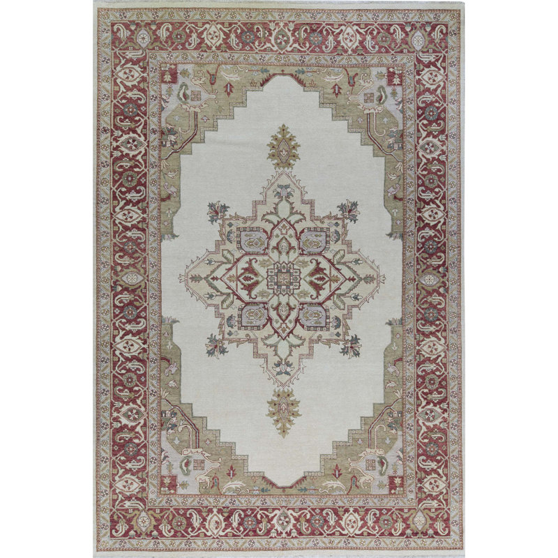Tapis ivoire et rouge noué à la main de haute qualité
