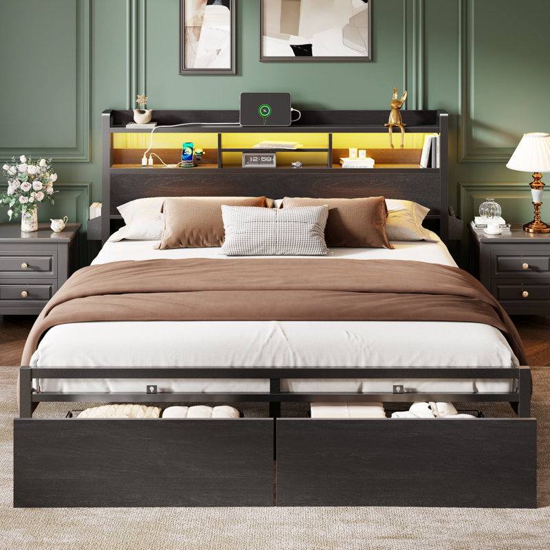 King Bed Metal Frame Adjustable Height with 3-Tier Shelf,RGB LED Light, Charging Station, King