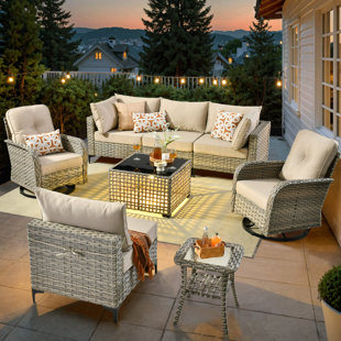 Emroy 6 - Person Wicker/Rattan Sectional Seating Group with Lighted Coffee Table and Swivel Chairs, All Weather Modular Outdoor Conversation Set with Cushions