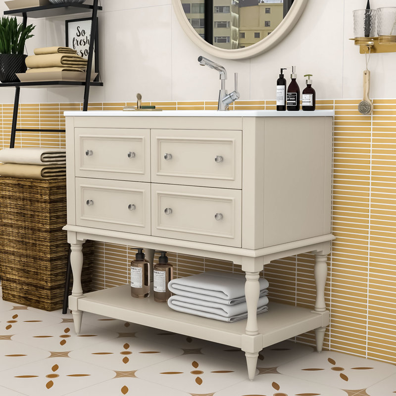 Elezabeth Wood Single Bathroom Vanity Cabinet with Ceramic Sink and Ample Storage, Beige