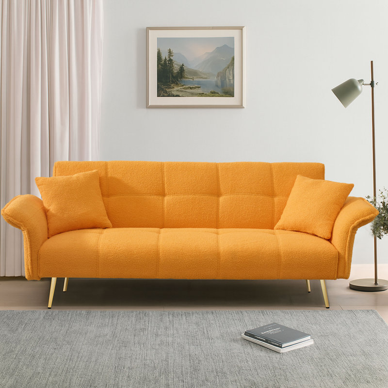 Modren Teddy Fabric Upholstered Convertible Futon Sofa Bed with Folding Armrests, Yellow Teddy