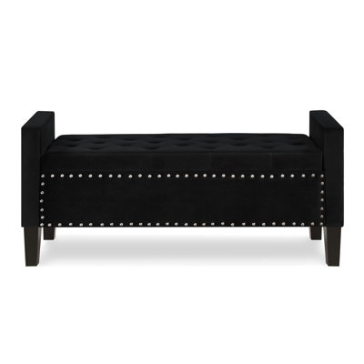 Upholstered Tufted Button Storage Bench with nails trim,Entryway Living Room Soft Padded Seat with Armrest,Bed Bench-Gray