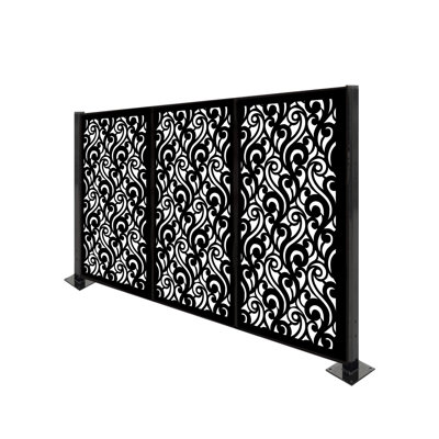 4.3 Ft. H X 6.3 Ft. W Laser Cut Metal Privacy Screen Fence, Decorative Outdoor Divider -  Porpora, V2Pole3PanelsNoBall112Wavecurve_B