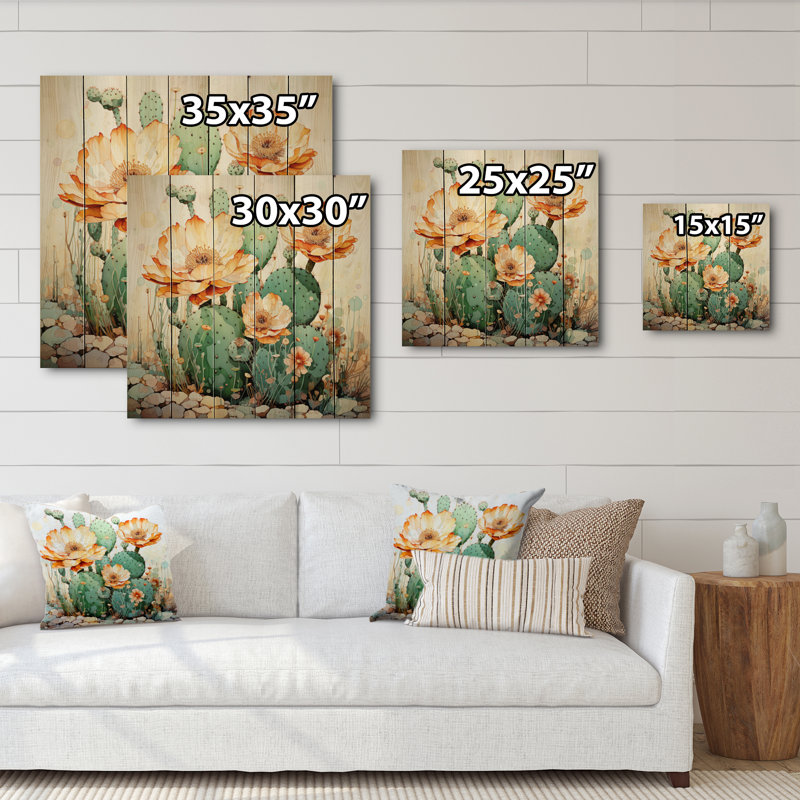 «Kamuri Coral Green Cactus Desert Blooms Pointillism I», impression sur bois naturel, H 25 po x l 25 po x P 0,78 po