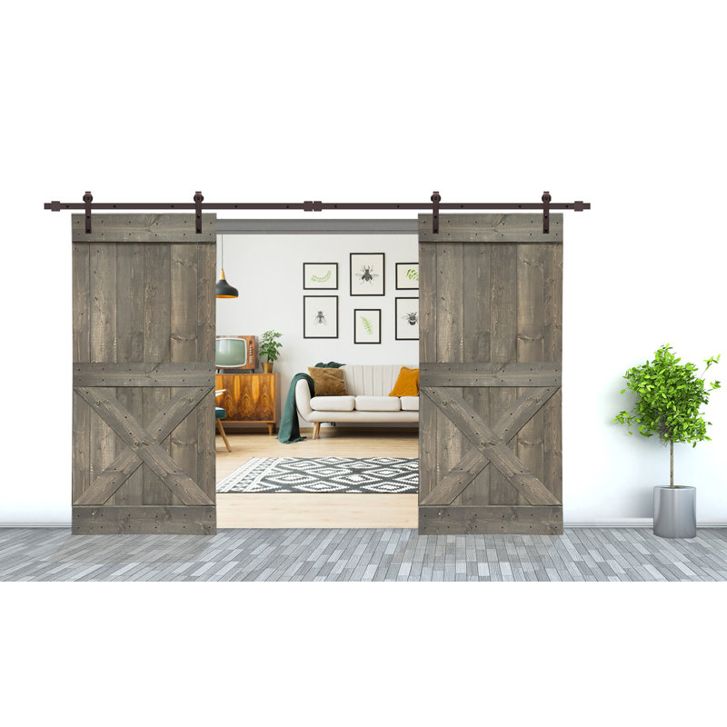 Porte de grange à panneaux et en métal avec trousse de quincaillerie d'installation, 38 po x 84 po, Gris patiné