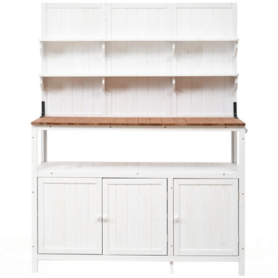 Solid Fir Wood Potting Bench With Hutch, Large Countertop, Ample Storage, And Side Hooks For Efficient Gardening