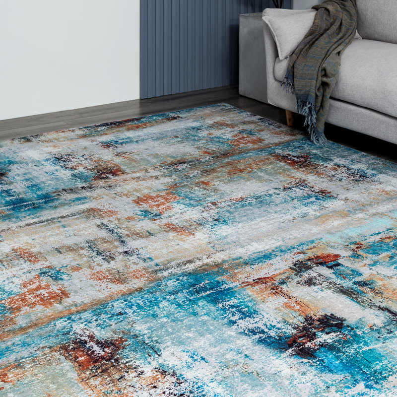 Abstract Area Rug in Blue, Rectangle 8'6" x 11'6"