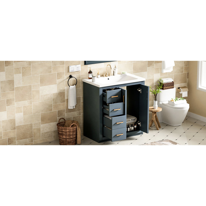 Meuble-lavabo en céramique de 76 cm (30 po) - Bois massif bleu, 3 tiroirs et 2 portes. Meuble de rangement fonctionnel avec panneaux de construction et fermeture en douceur. Pièce décorative élégante.