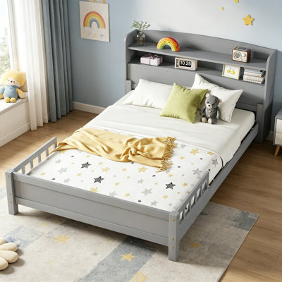 Wood Bookcase Bed Frame with LED Light and Storage Headboard, Low Platform Bed with Adjustable Guardrails, No Box Spring Needed, Grey, Full Size