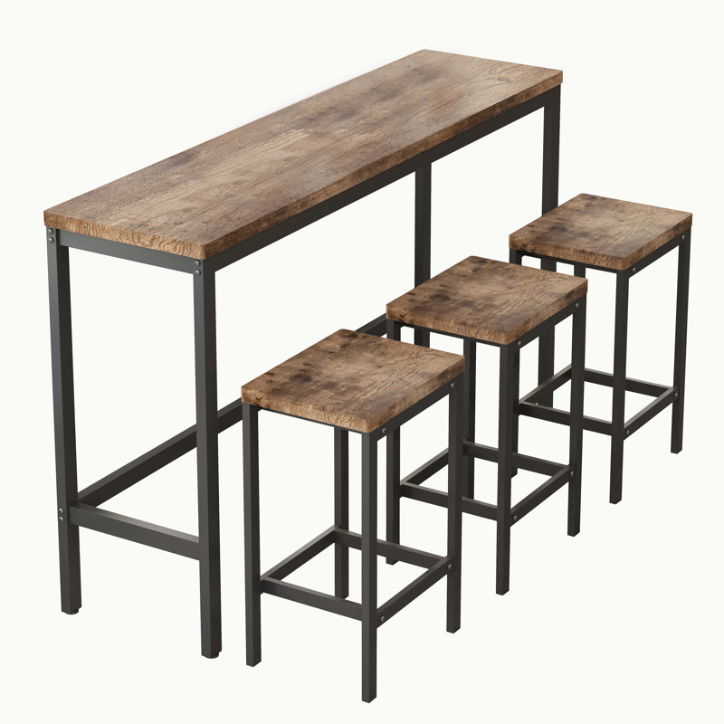 Table de salle à manger de cuisine moderne, ensemble de table de salle à manger longue avec 3 tabourets, Brun rustique