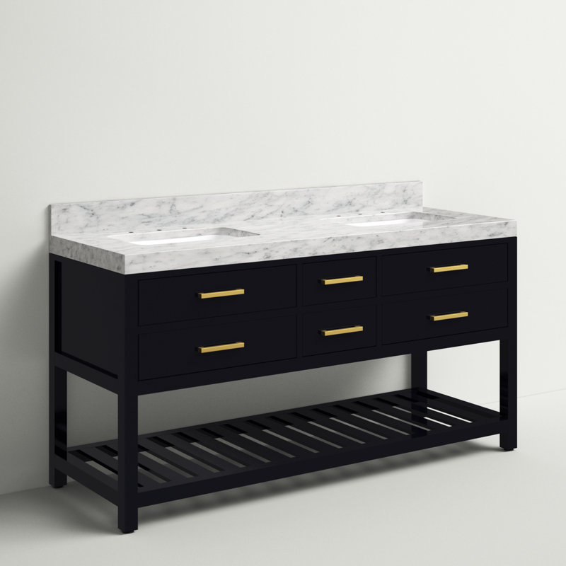 Ensemble de meuble-lavabo double 60 po Carrie, Noir onyx / or brossé, Marbre blanc de Carrare