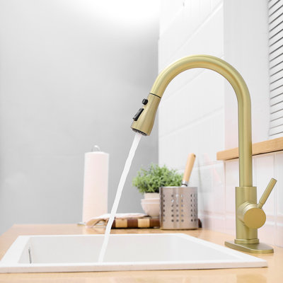 Nickel Gold Kitchen Faucet With Deck Plate And Pull Out , Single-Handled, 360 Rotating Spray Mix, Ceramic Filler, Stainless Steel, Modern Faucets Tap Pull-Out Single Handle, Swirling Spray, Classic
