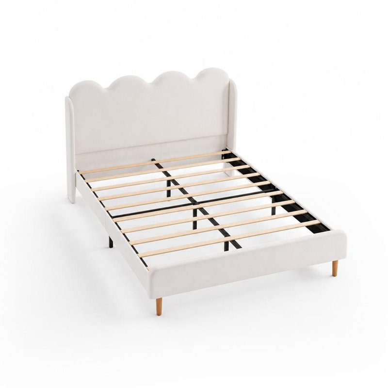 Cadre de lit plateforme à oreilles tapissier en velours - Grand lit avec tête de lit capitonnée et bords festonnés, assemblage facile sans outil, cadre de lit de chambre à coucher moderne