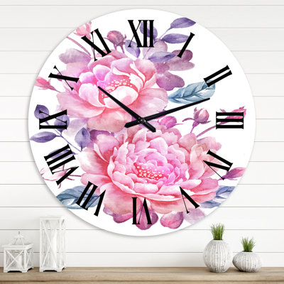 Pink Retro Flowers With Blue Leaves - Traditional wall clock