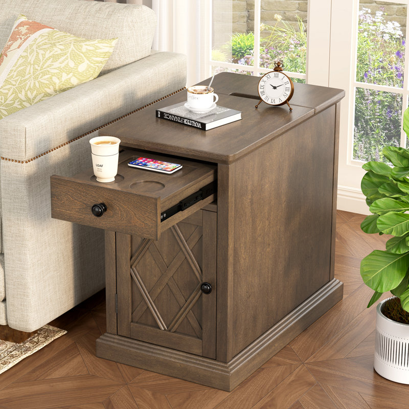 Table de bout de salon classique avec ports USB et rangement, Brun antique