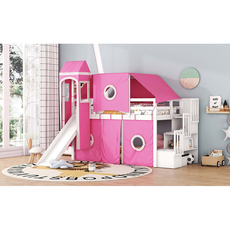 Lit mezzanine avec tente et tour, Simple, Rose