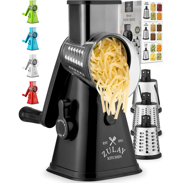 Zulay Kitchen Rotary Cheese Grater With Upgraded, Reinforced Suction -  Round Cheese Shredder Grater With 3 Replaceable Stainless Steel Drum Blades  - Easy To Use & Clean - Vegetable Slicer & Nut Grinder (Black)