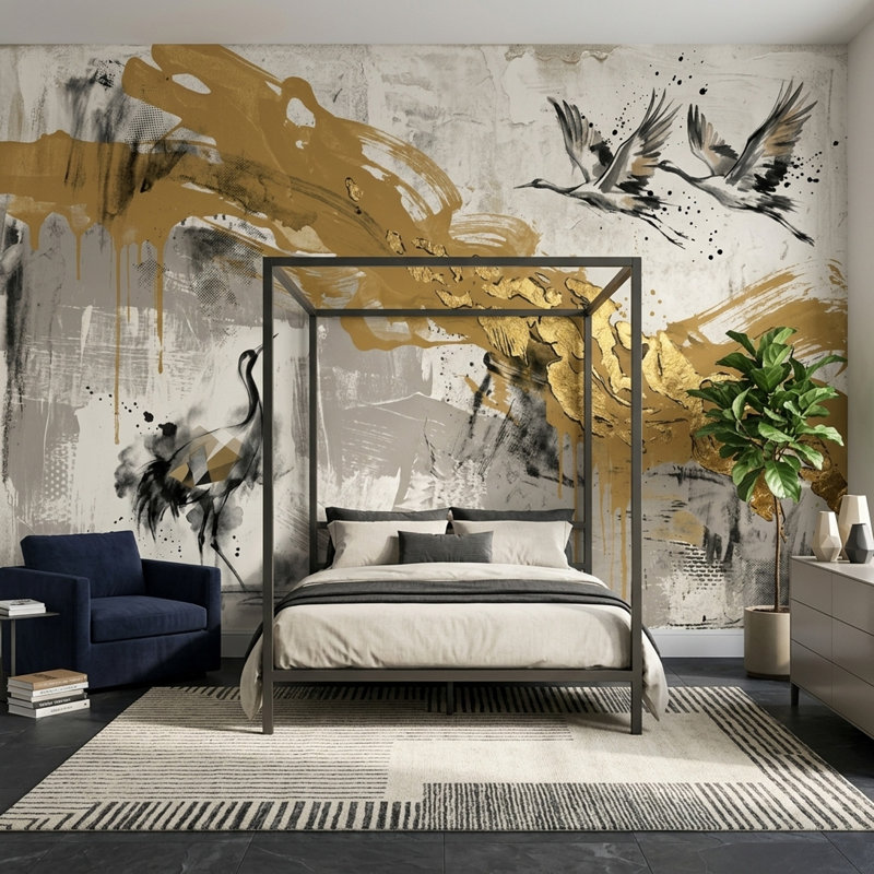 Décoration murale amovible Cranes, 120 po x 96 po, Peler et coller