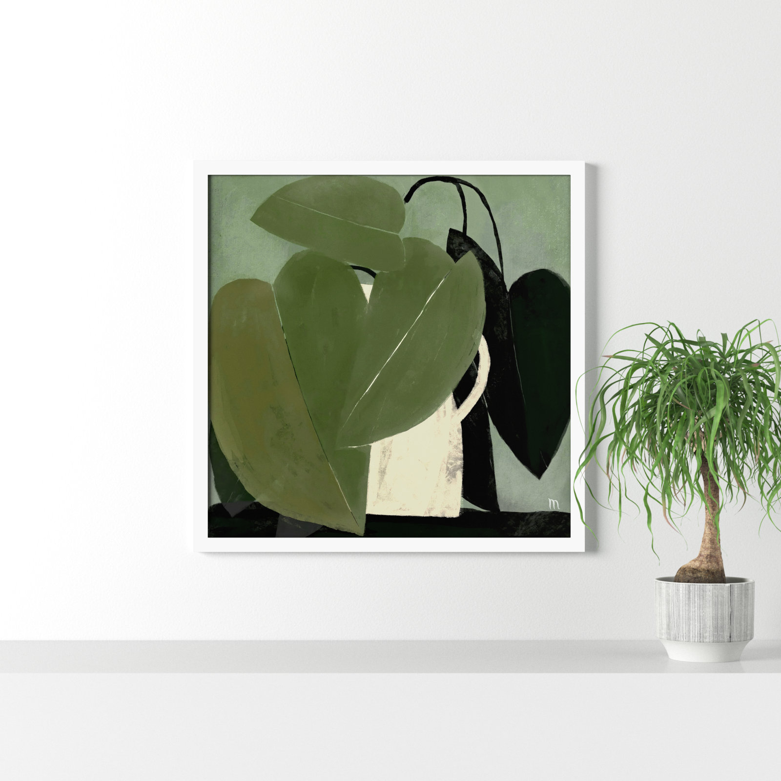 Plant "Green on Green" Painting, White, 36" H x 36" W x 1.25" D