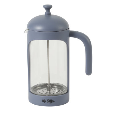Mr. Coffee French Press Coffee Maker, 34 oz/1 Liter Glass Carafe with High Heat Resistant Durable Borasilicate Glass & Blue Frame and Plunger, Includes Coffee Scoop
