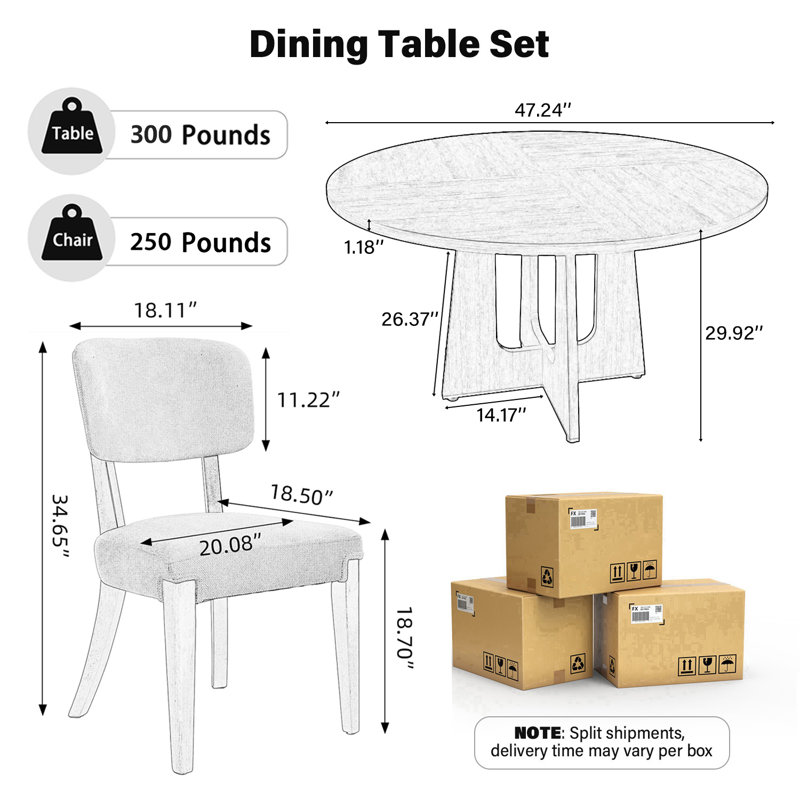 Ensemble de table de salle à manger ronde 47 po et de chaises sans accoudoirs 4/6 pour la cuisine ou la salle à manger Farmhouse