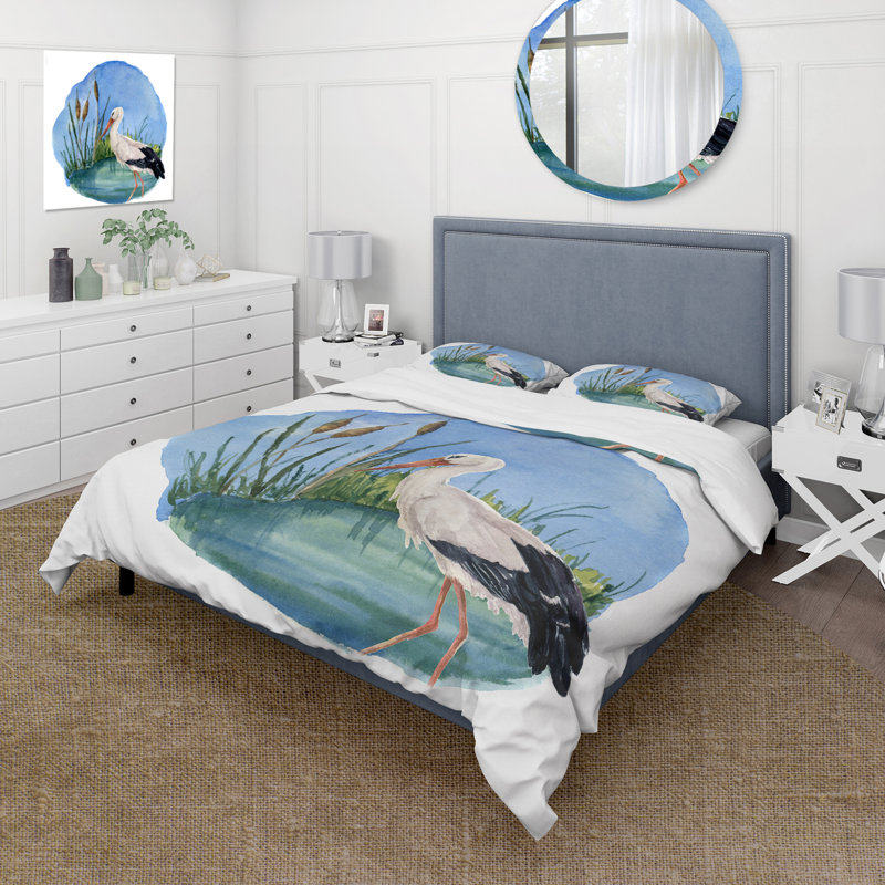Cigogne blanche sur le marais - Ensemble de housse de couette traditionnel - Microfibre de polyester