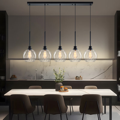 Concow 5-Light Matte Black Kitchen Island Pendant With Hammered Globe Glass