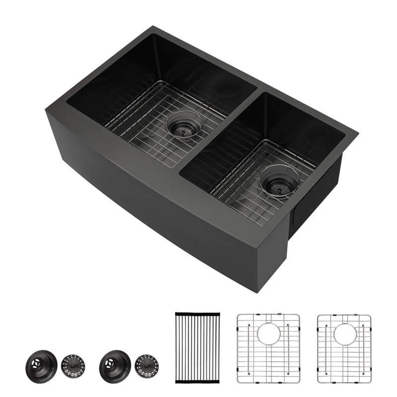 33" L x 21" W Farmhouse Double Bowl 60/40 Kitchen Sink Stainless Steel Kitchen Sink Apron Front Sink, Gunmetal Gray