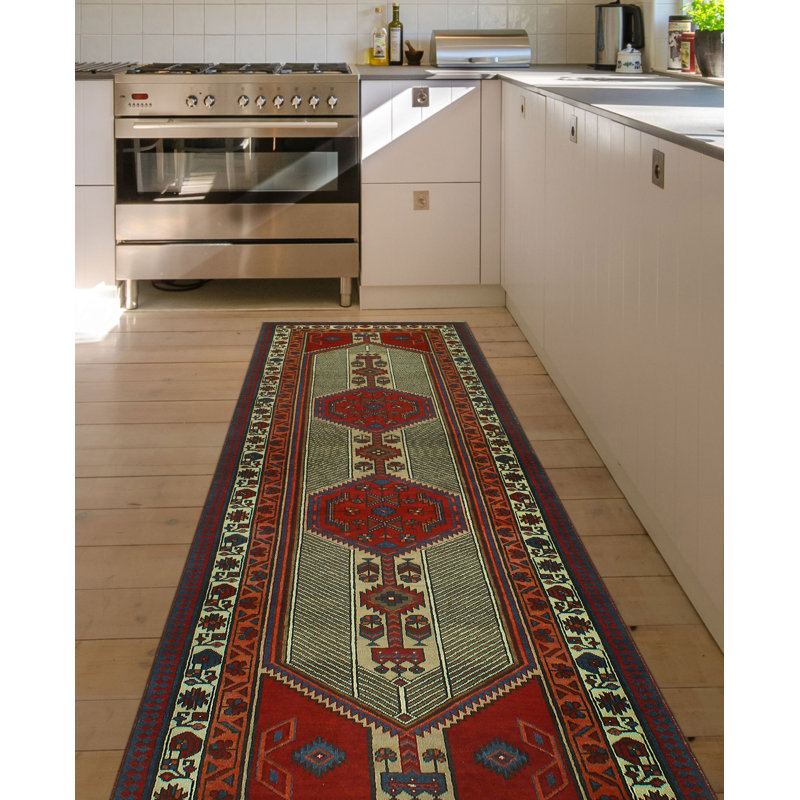 One-of-a-Kind 3'5" x 11'3" 1980s Runner Wool Area Rug in Blue and Brown