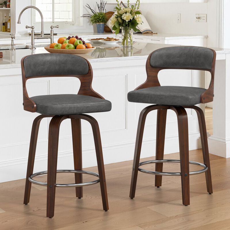 Adelene 26"Swivel Upholstered Counter Stool With Wood Leg, Gray