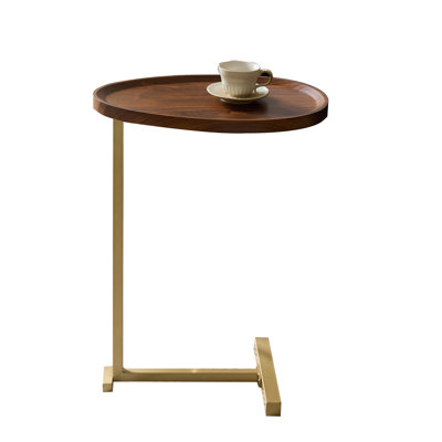 C-Shaped Sofa Side Table with Round Wood Top & Gold Metal Frame, Space-Saving Accent Table for Snack, Coffee, Laptop, Living Room, Bedroom or Bedside