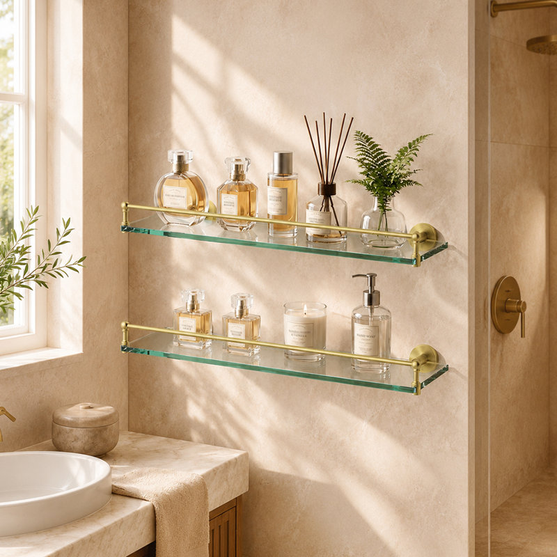 Étagère murale en verre pour salle de bain de 50,8 cm (20 po) avec rail en acier inoxydable, fini or brossé (ensemble de 2)