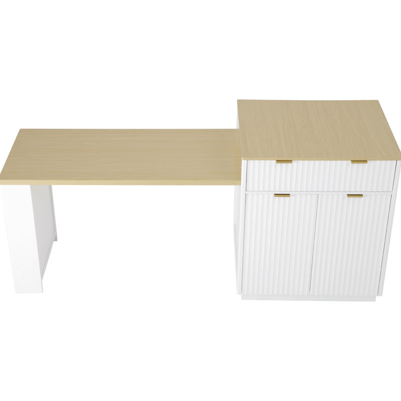 Îlot de cuisine extensible pour 2 à 6 personnes, table coulissante de 130 cm, armoire de 80 x 70 cm, double espace de rangement, station de recharge intégrée, finition blanche, grain de bois naturel avec table 4/6, tiroirs latéraux.