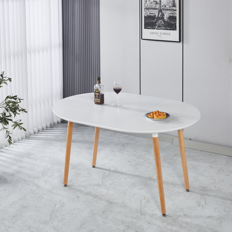 Table de salle à manger extensible avec 2 rallonges - largeur maximale de 70 po, plateau en panneau de fibres à densité moyenne et pieds en bois massif, peu encombrant pour les condos / cuisines (blanc)