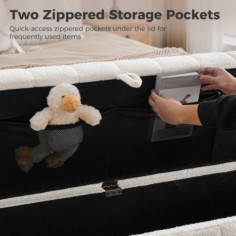 63" Modern Upholstered Teddy Storage Bench For End Of Bed King Size With Removable Handrail, White