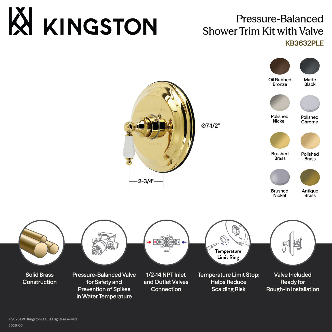 Kingston Brass Restoration Single-Handle Pressure Balanced Shower Valve Trim Kit - Valve Included, Polished Brass
