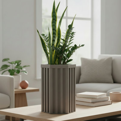 Pot à fleurs hexagonal gris et gris, aluminium léger avec drainage prédécoupé pour faciliter l'évacuation de l'eau, thermolaqué couleur bois, profondeur de plantation réglable, fonction à long terme de 10,73 po