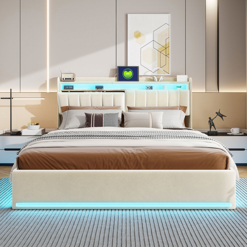 Blawnox Ottoman Storage Bed Frame with LED Headboard, Velvet Upholstered Lift Up Bed with Headboard Storage Shelves, Beige
