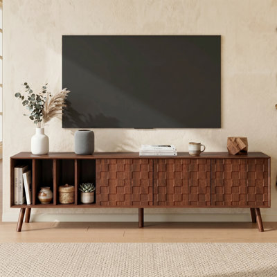 Meuble télé 68 po Mid-Century, console multimédia pour téléviseur de 75 po ou moins, panneau de fibres à densité moyenne de haute qualité avec 5 pieds en bois massif pour le salon et la chambre à coucher