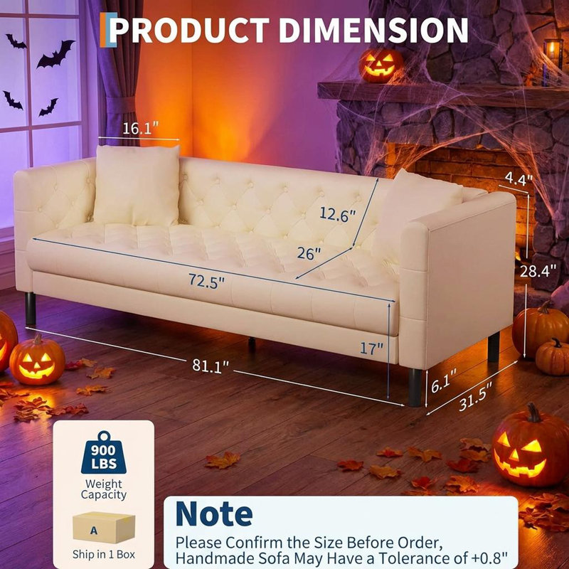 81 in PU Leather Couch for Living Room, Modern Sofa Couch with Deep Seat and 2 Pillows, Handmade Button Tufted 3 Seater Sofa,Faux Leather Sofa for Apartment, Office.