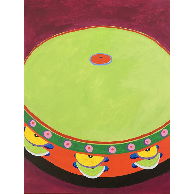 Tambourin par Sue Graef - peinture encadrée, Toile avec cadre noir, H 33 po x l 25 po