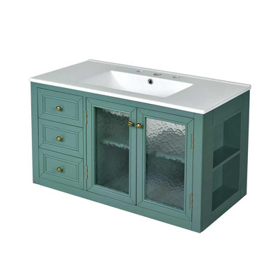 36'' Wall Mounted Bathroom Vanity With Ceramic Sink, Bathroom Storage Cabinet With 3 Drawers