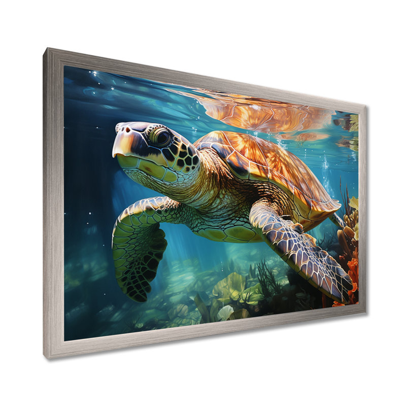 Tortue verte et bleue, animaux marins, art mural, H 16 po x l 32 po x P 1 po, Cadre photo argenté