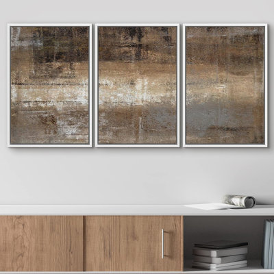 Grunge Abstract Paint Stroke Effect " Bown And White Faded Grunge Color Field Abstract Shapes Modern Art Chic Ultra " 3 - Pieces