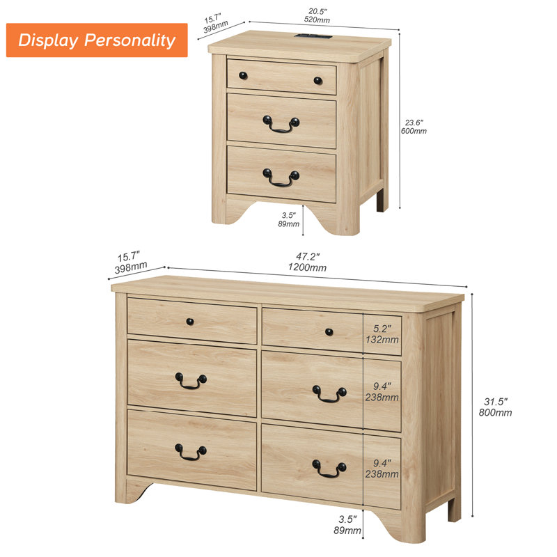 Ensemble de commode et de table de chevet 2 tiroirs 2 pièces Modern Modern, Chêne