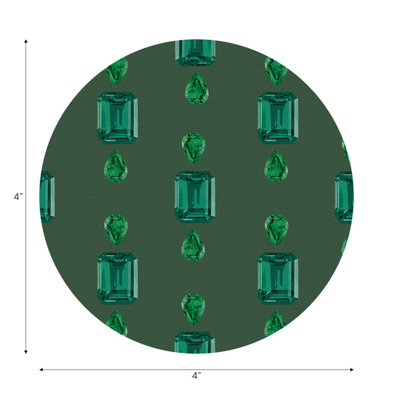 Gem Emeralds Gold Vegan Leather Round Coasters, Evergreen